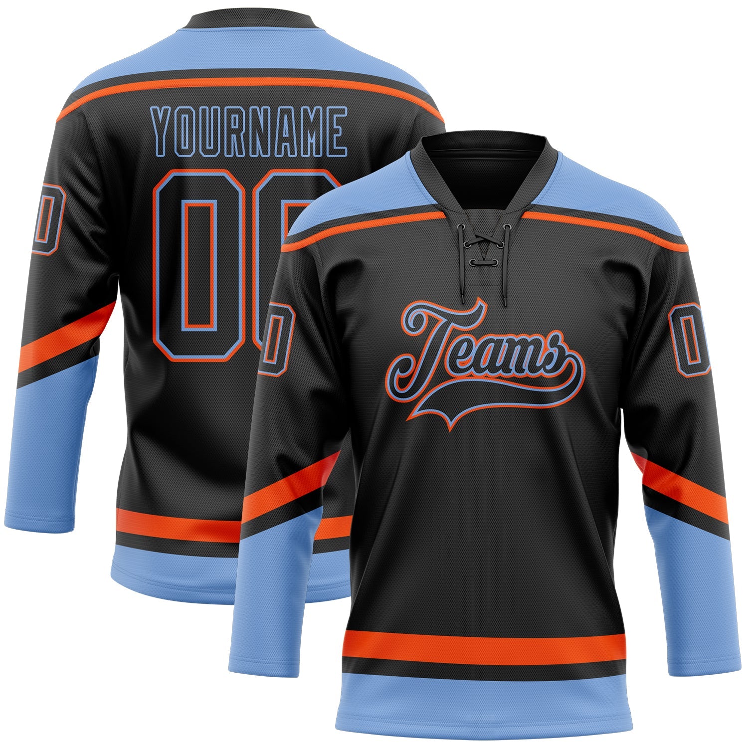 Custom Black Powder Blue-Orange Hockey Lace Neck Jersey - Main View