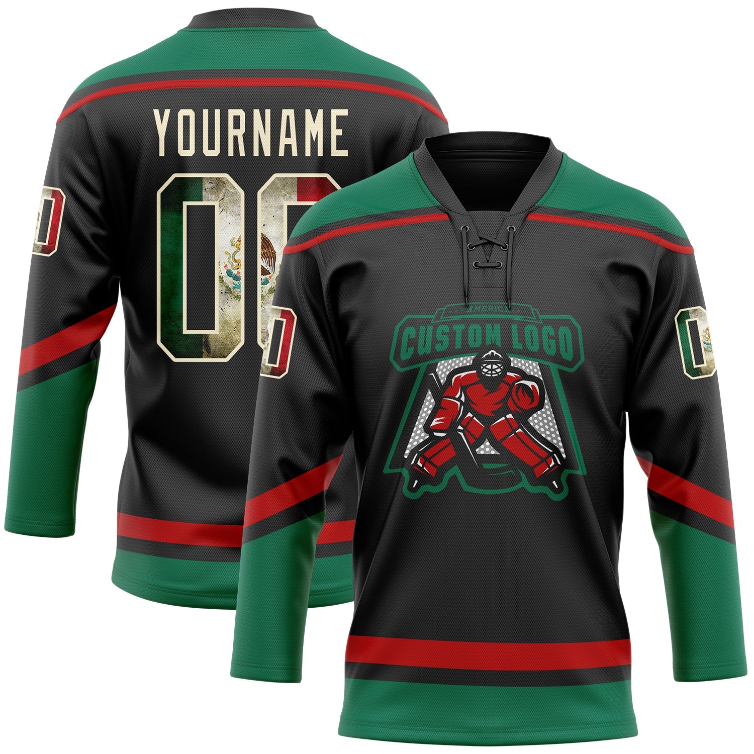 Custom Black Vintage Mexican Flag Cream Kelly Green-Red Hockey Lace Neck Jersey view 2