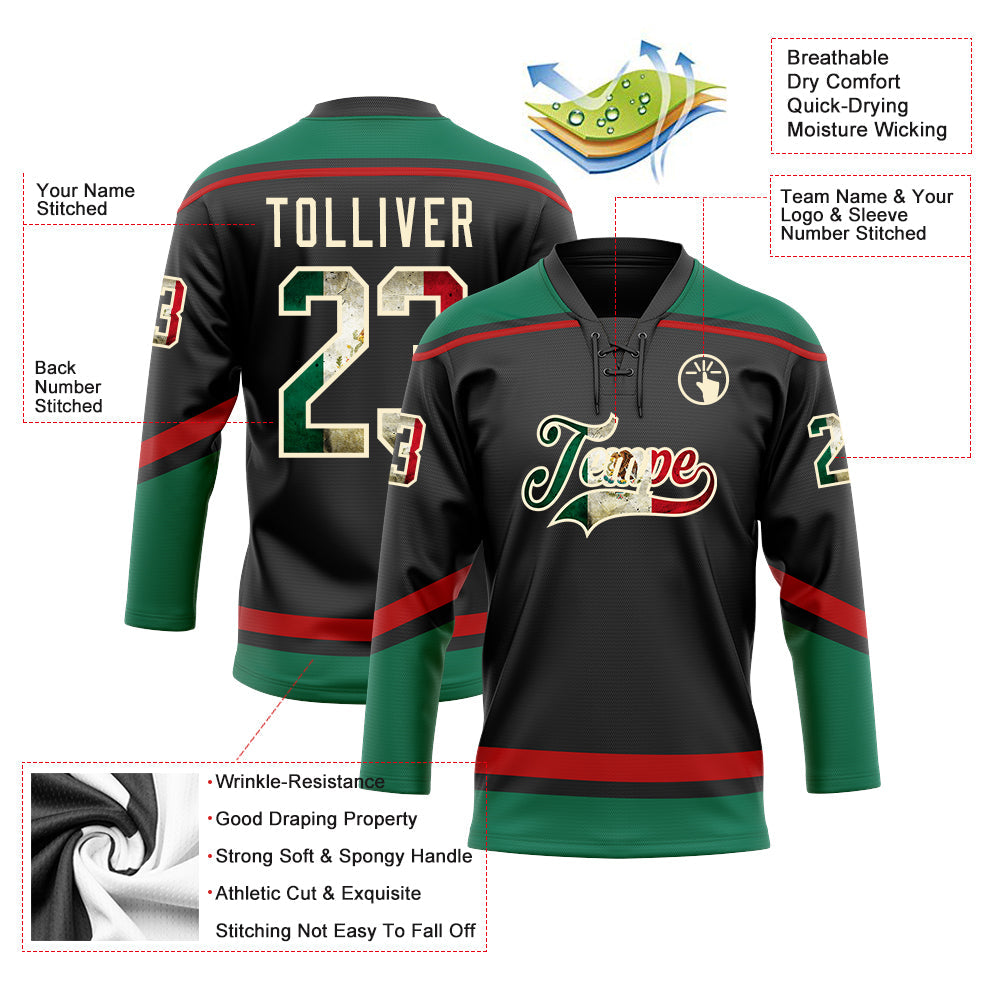 Custom Black Vintage Mexican Flag Cream Kelly Green-Red Hockey Lace Neck Jersey view 3