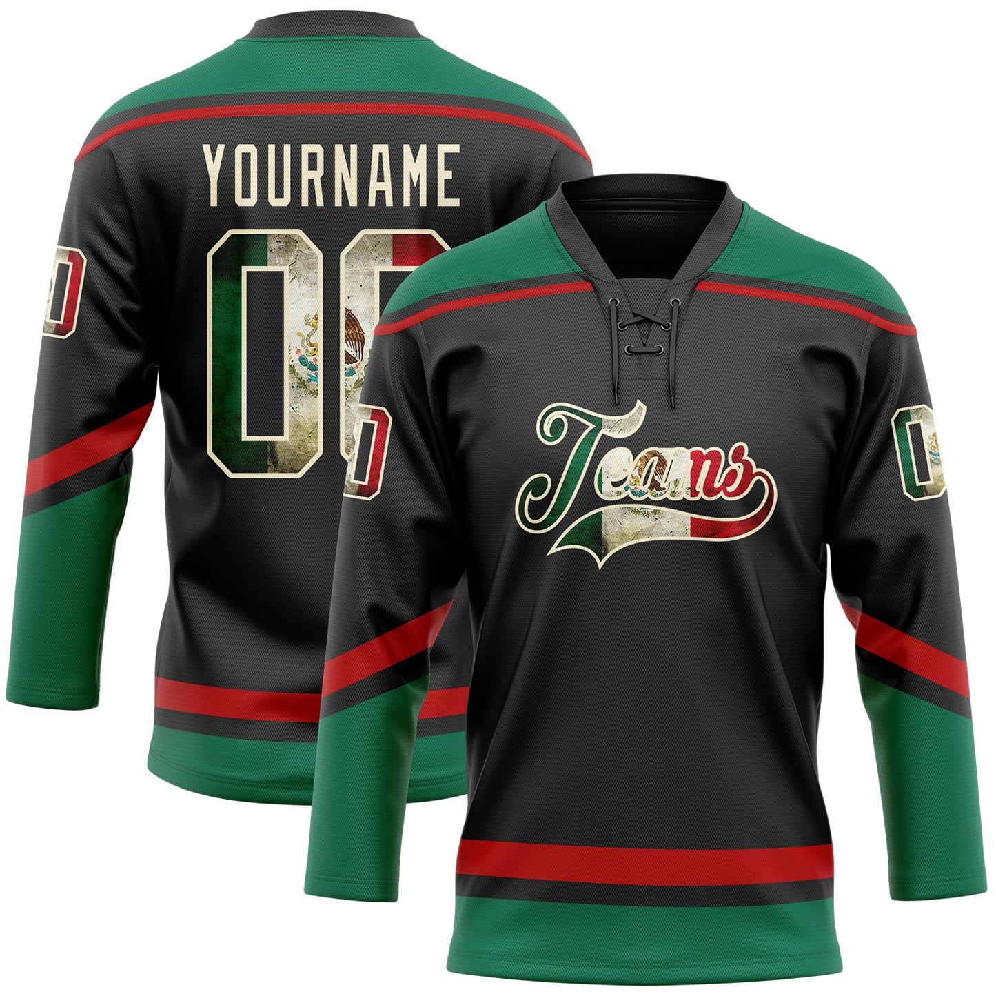 Custom Black Vintage Mexican Flag Cream Kelly Green-Red Hockey Lace Neck Jersey - Main View