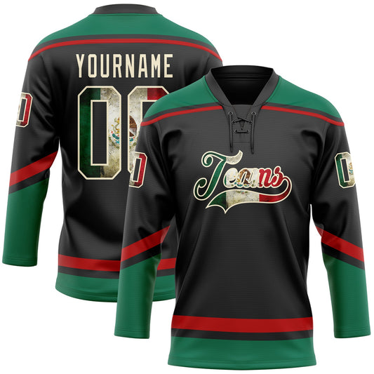 Custom Black Vintage Mexican Flag Cream Kelly Green-Red Hockey Lace Neck Jersey - Main View