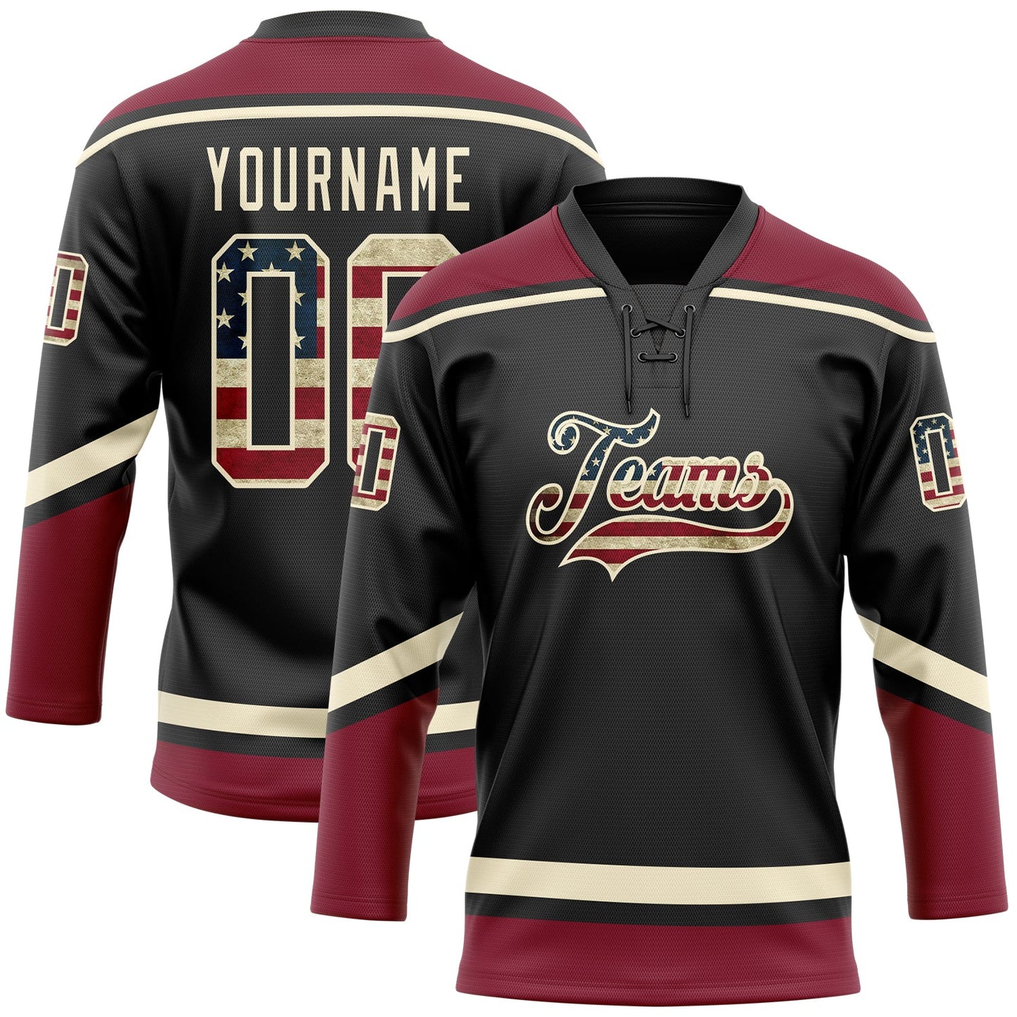 Custom Black Vintage USA Flag Cream-Crimson Hockey Lace Neck Jersey - Main View