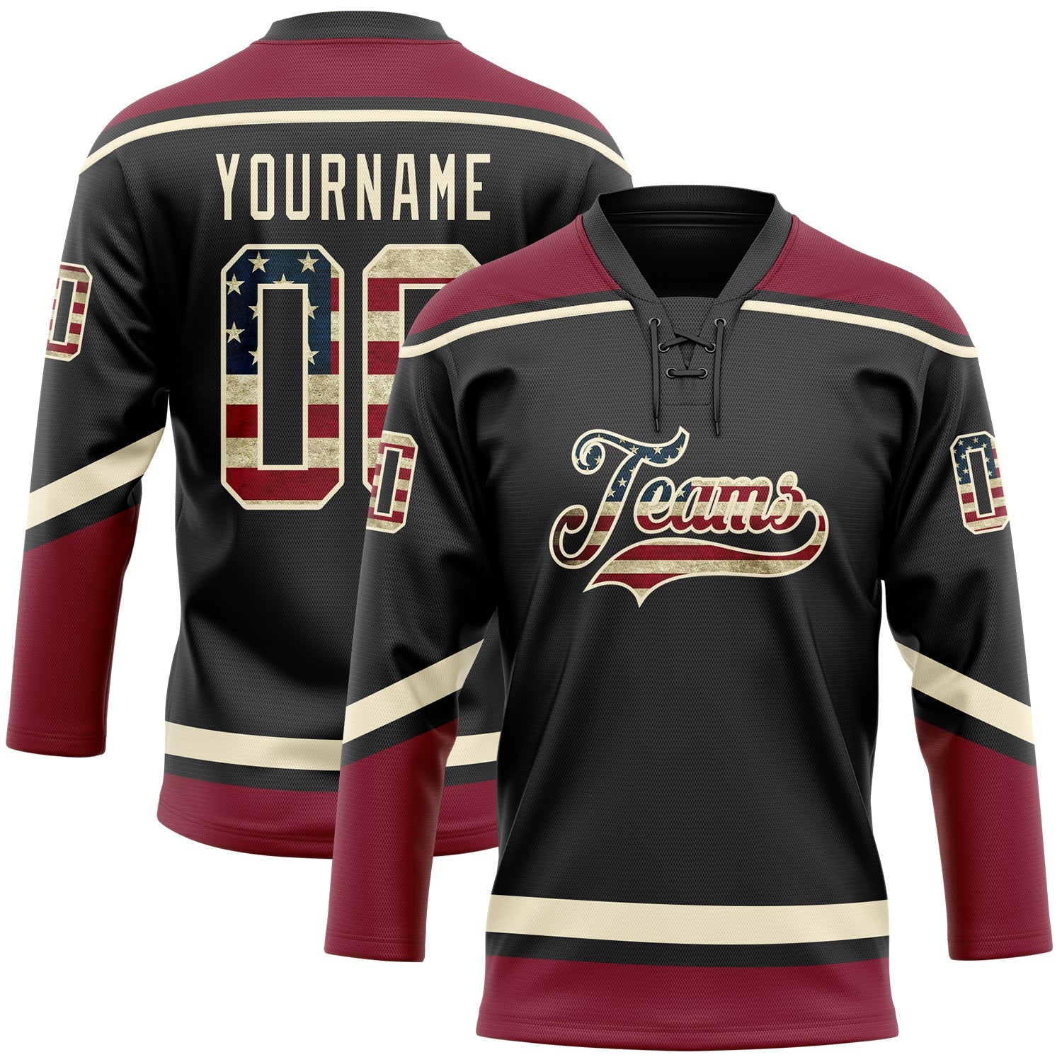 Custom Black Vintage USA Flag Cream-Crimson Hockey Lace Neck Jersey - Main View