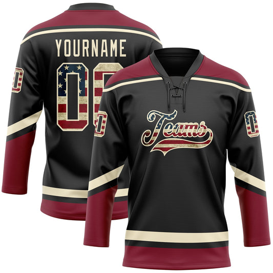 Custom Black Vintage USA Flag Cream-Crimson Hockey Lace Neck Jersey - Main View