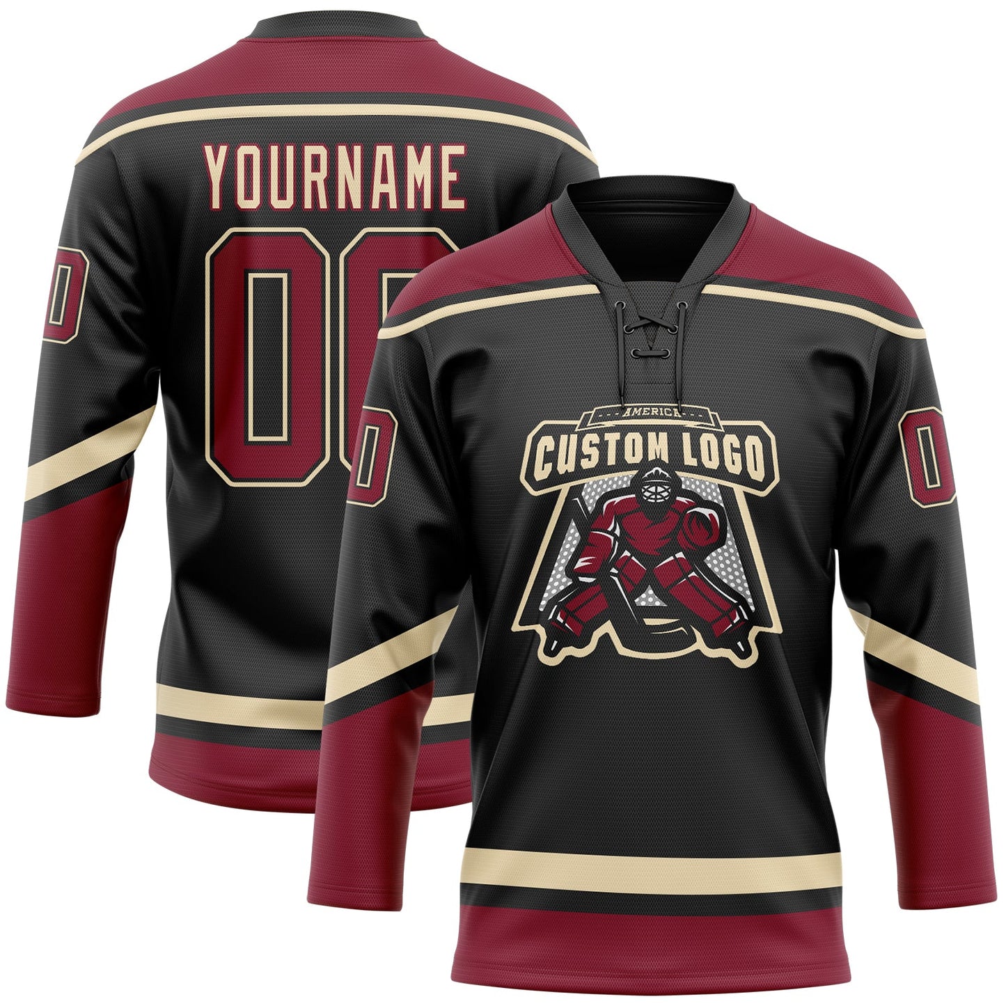 Custom Black Crimson-City Cream Hockey Lace Neck Jersey view 2