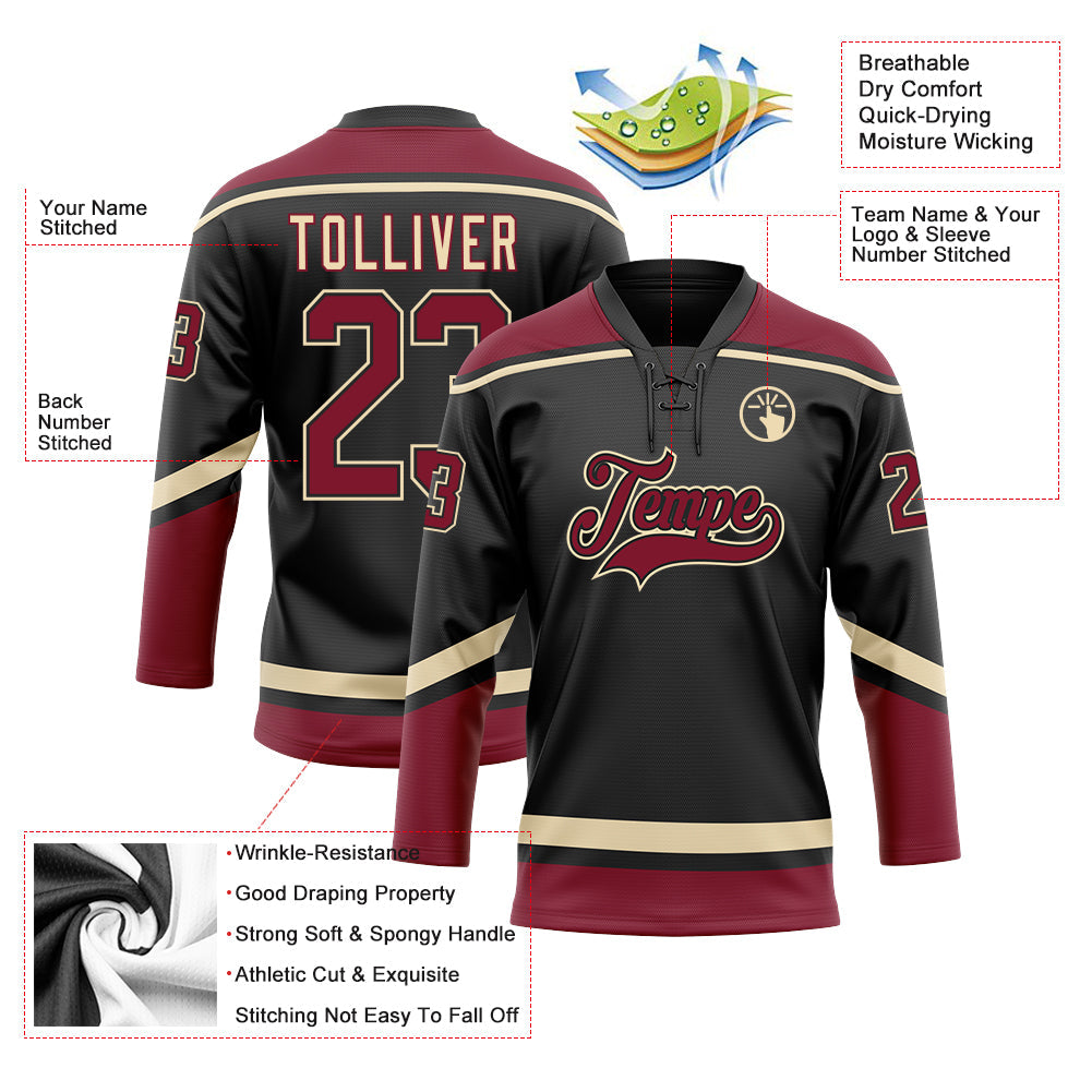 Custom Black Crimson-City Cream Hockey Lace Neck Jersey view 3