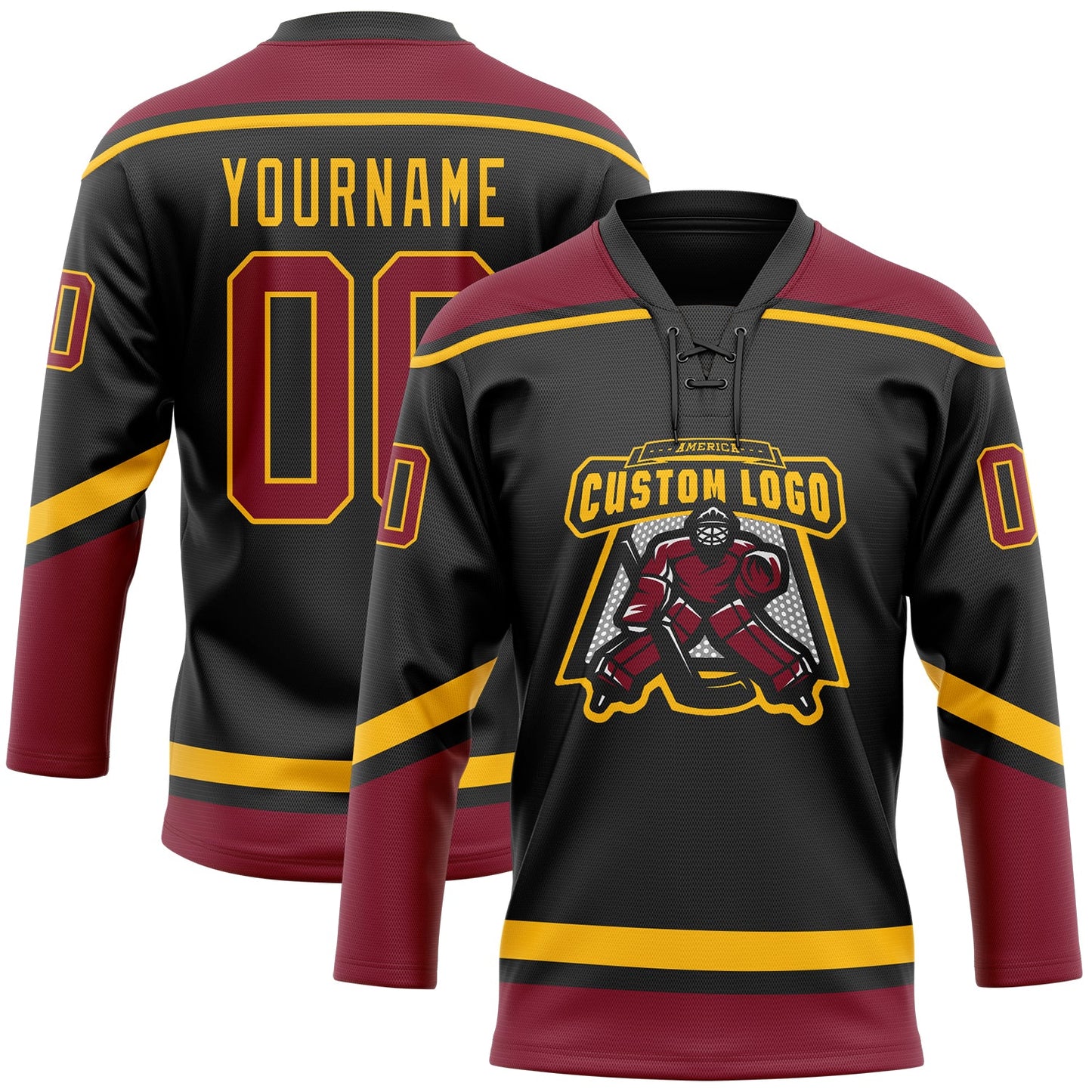 Custom Black Crimson-Gold Hockey Lace Neck Jersey view 2