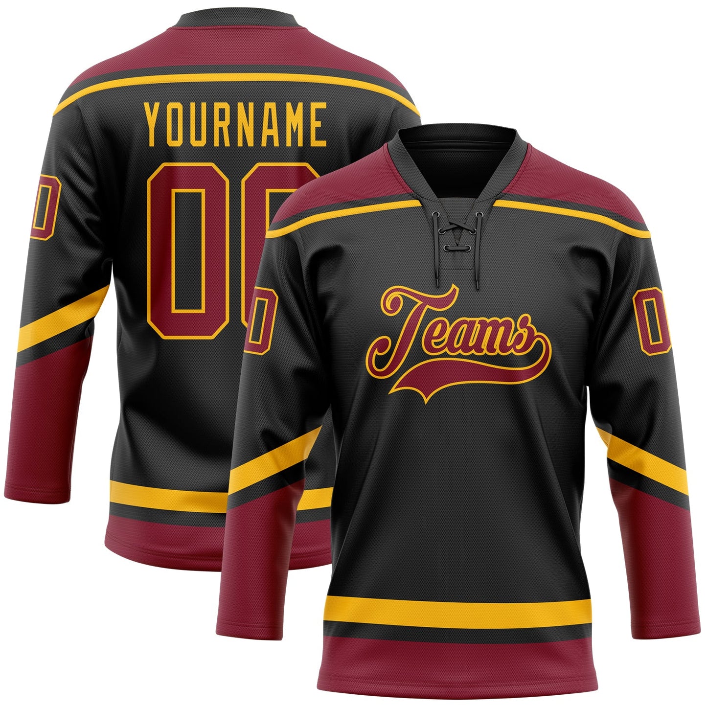Custom Black Crimson-Gold Hockey Lace Neck Jersey - Main View