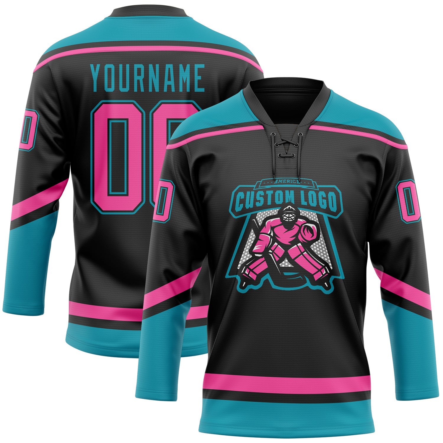 Custom Black Pink-Teal Hockey Lace Neck Jersey view 2