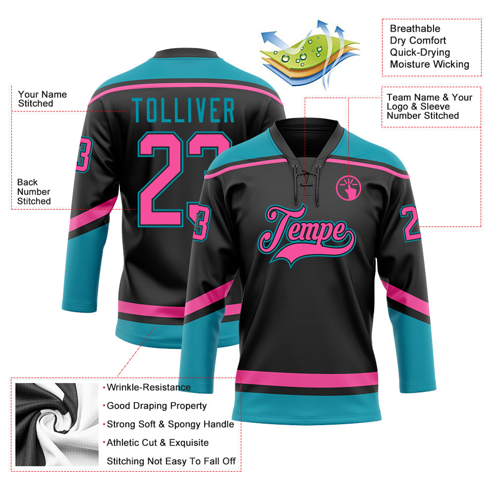 Custom Black Pink-Teal Hockey Lace Neck Jersey view 3