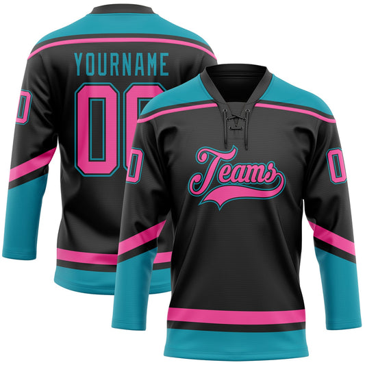 Custom Black Pink-Teal Hockey Lace Neck Jersey - Main View