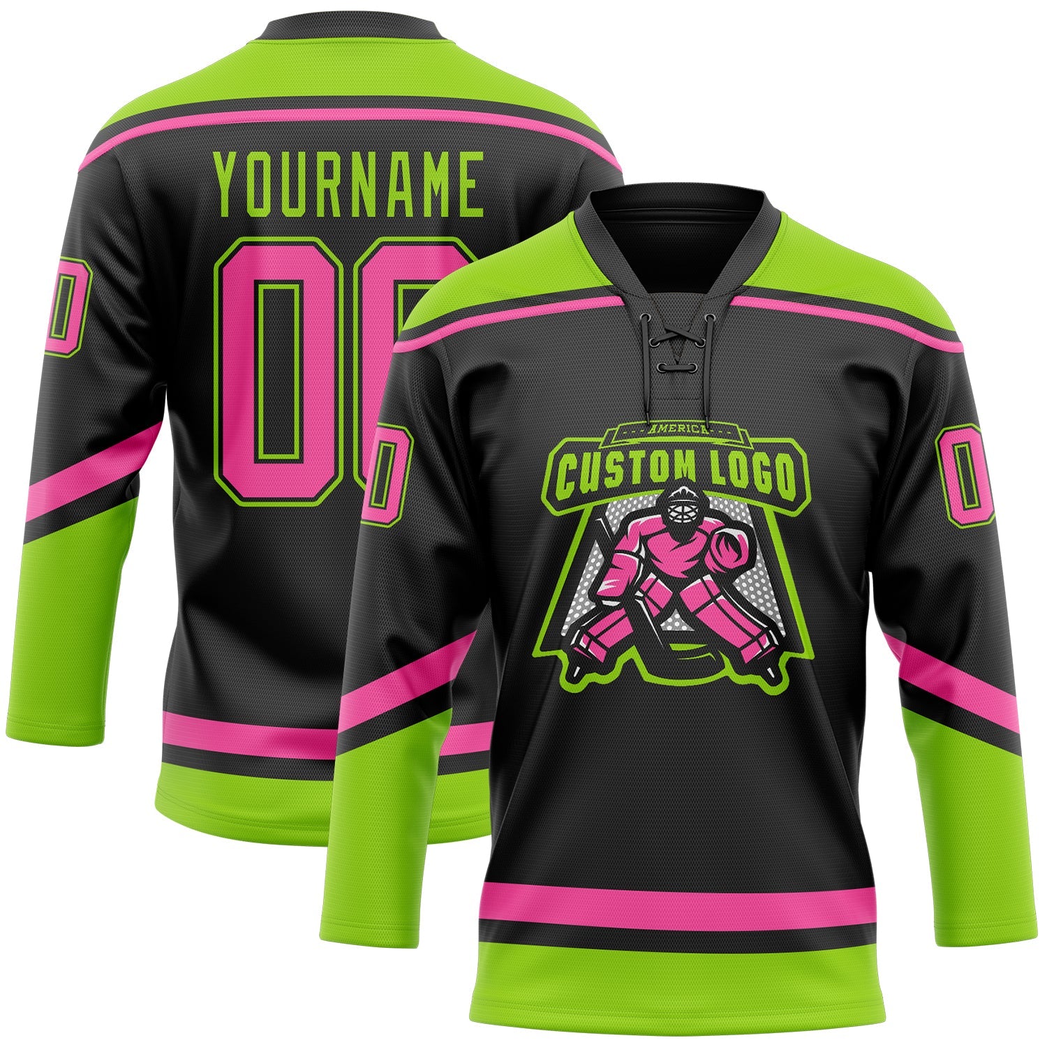 Custom Black Pink-Neon Green Hockey Lace Neck Jersey view 2