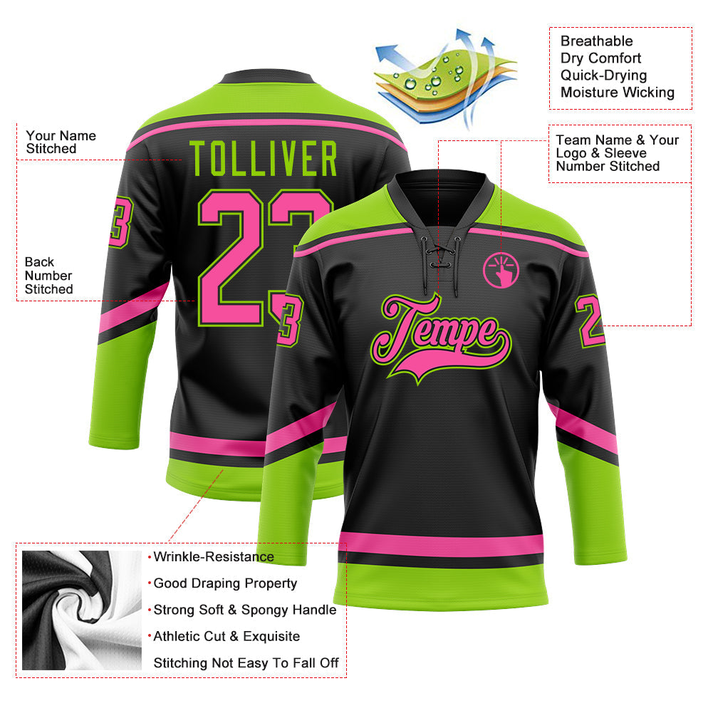 Custom Black Pink-Neon Green Hockey Lace Neck Jersey view 3