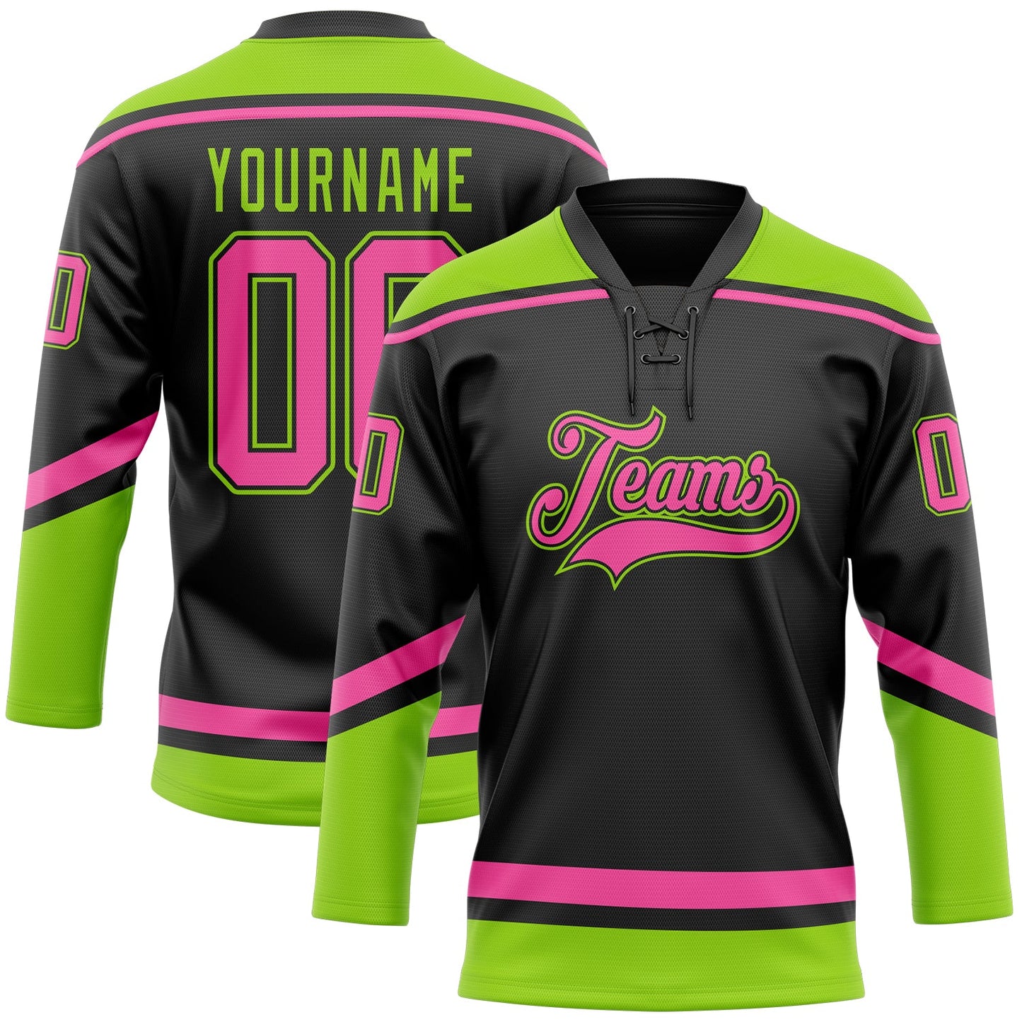 Custom Black Pink-Neon Green Hockey Lace Neck Jersey - Main View