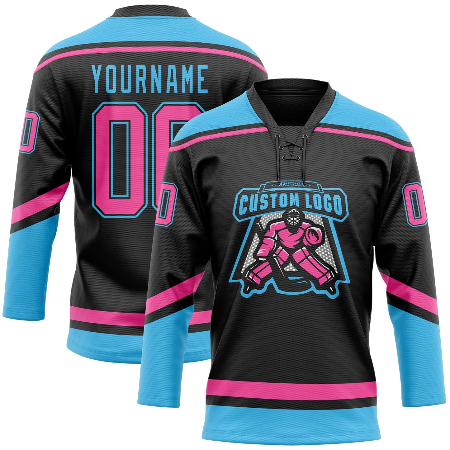 Custom Black Pink-Sky Blue Hockey Lace Neck Jersey view 2