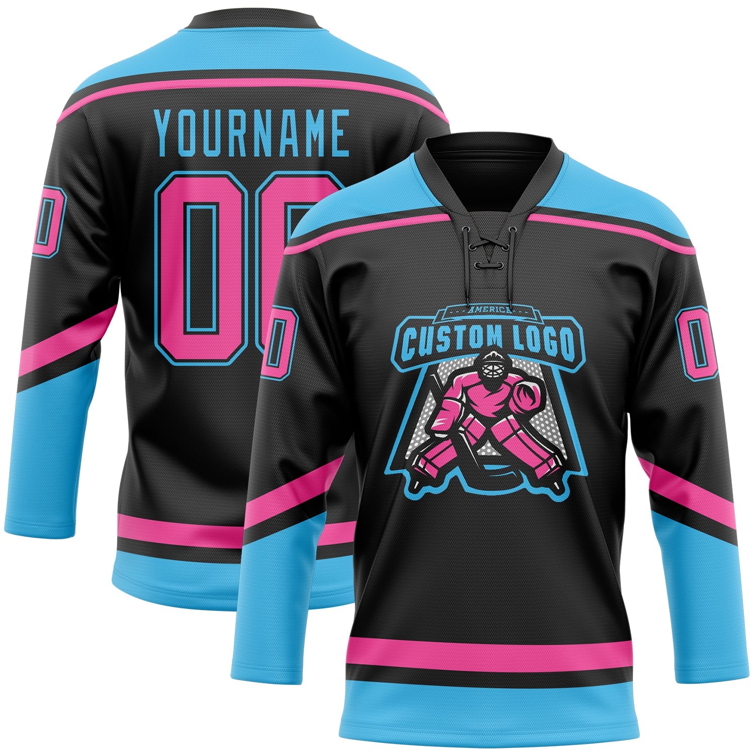 Custom Black Pink-Sky Blue Hockey Lace Neck Jersey view 2