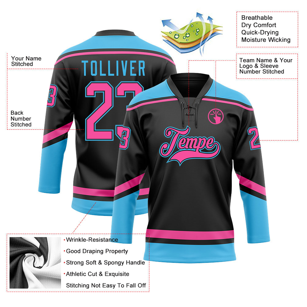 Custom Black Pink-Sky Blue Hockey Lace Neck Jersey view 3