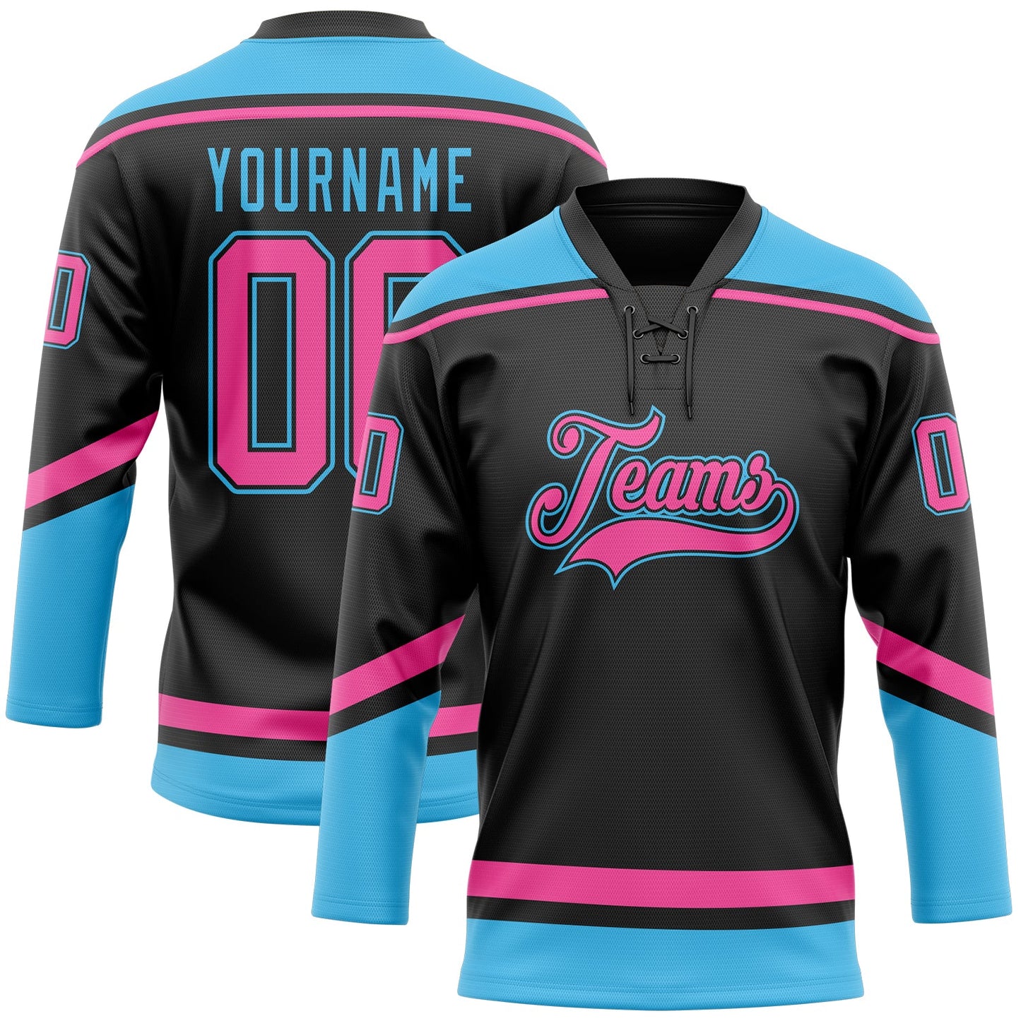 Custom Black Pink-Sky Blue Hockey Lace Neck Jersey - Main View