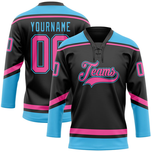 Custom Black Pink-Sky Blue Hockey Lace Neck Jersey - Main View