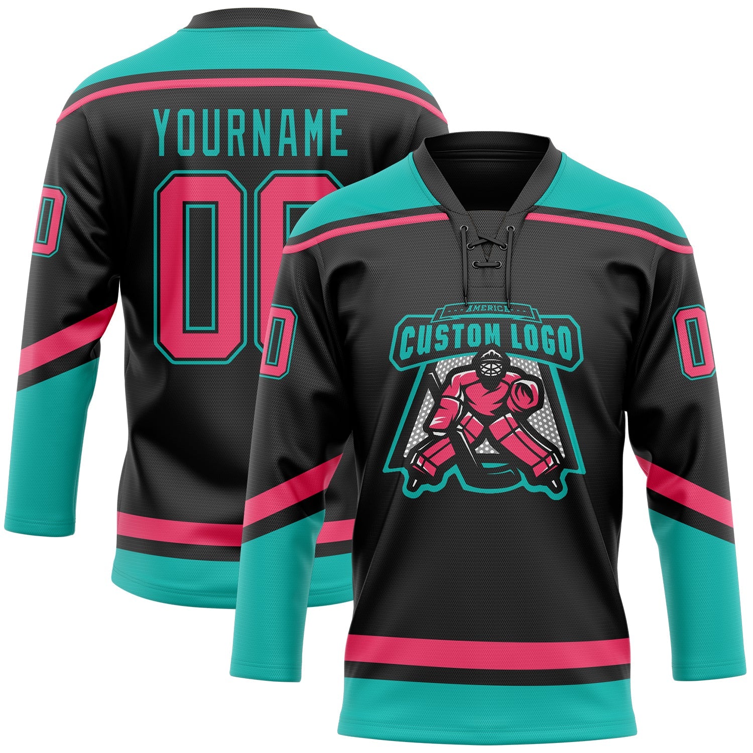 Custom Black Neon Pink-Aqua Hockey Lace Neck Jersey view 2