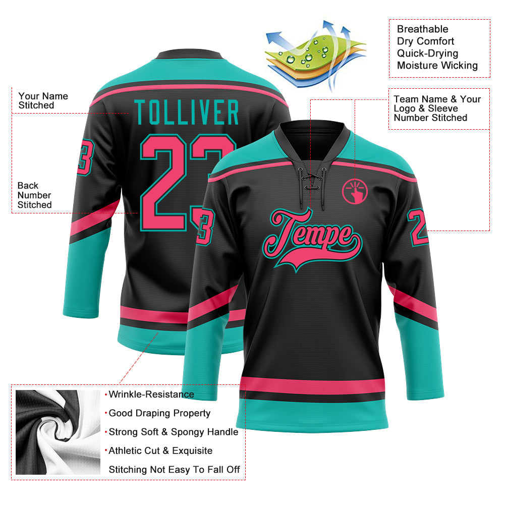 Custom Black Neon Pink-Aqua Hockey Lace Neck Jersey view 3