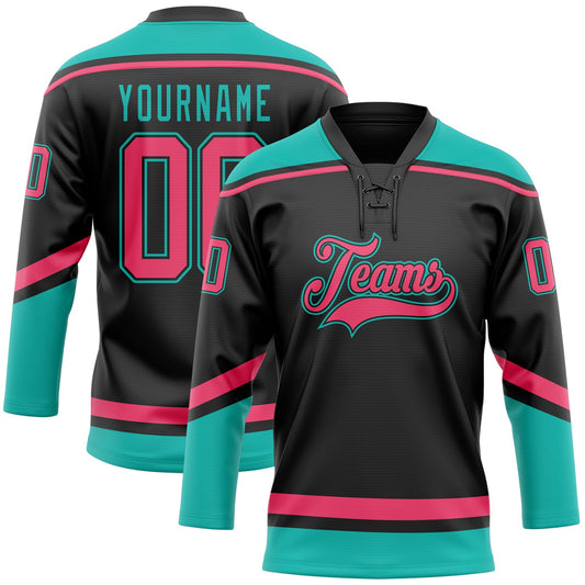 Custom Black Neon Pink-Aqua Hockey Lace Neck Jersey - Main View