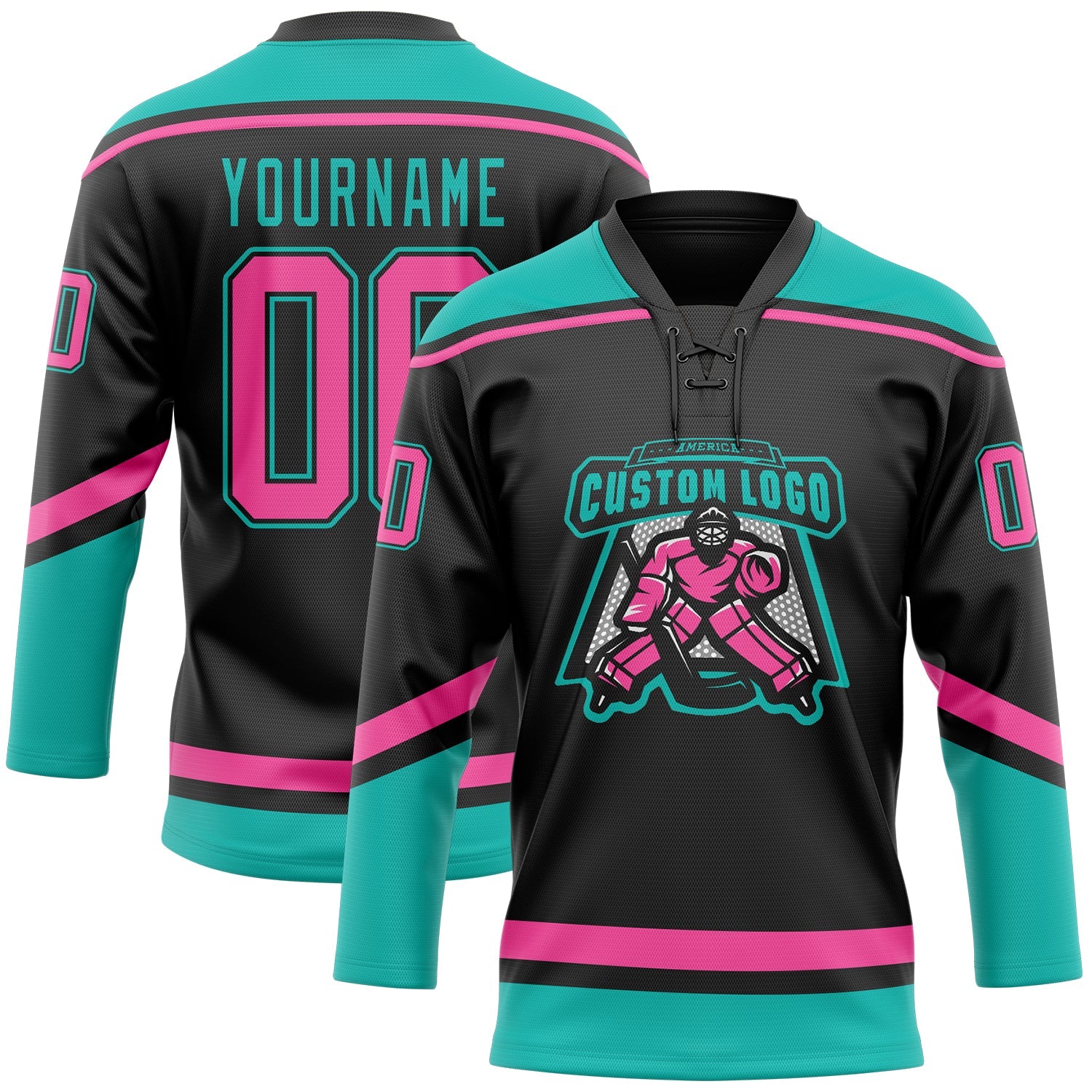 Custom Black Pink-Aqua Hockey Lace Neck Jersey view 2