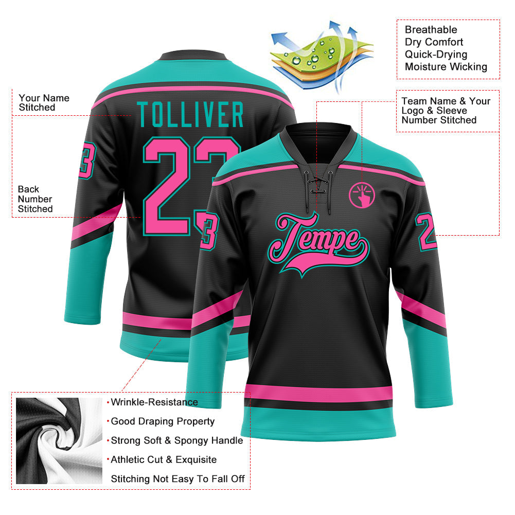 Custom Black Pink-Aqua Hockey Lace Neck Jersey view 3