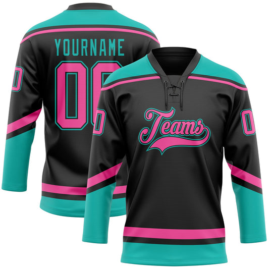 Custom Black Pink-Aqua Hockey Lace Neck Jersey - Main View