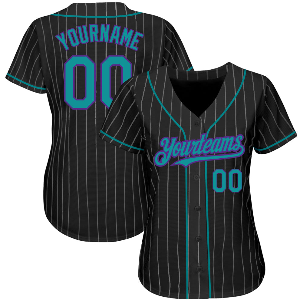 Custom Black White Pinstripe Teal-Purple Authentic Baseball Jersey view 2
