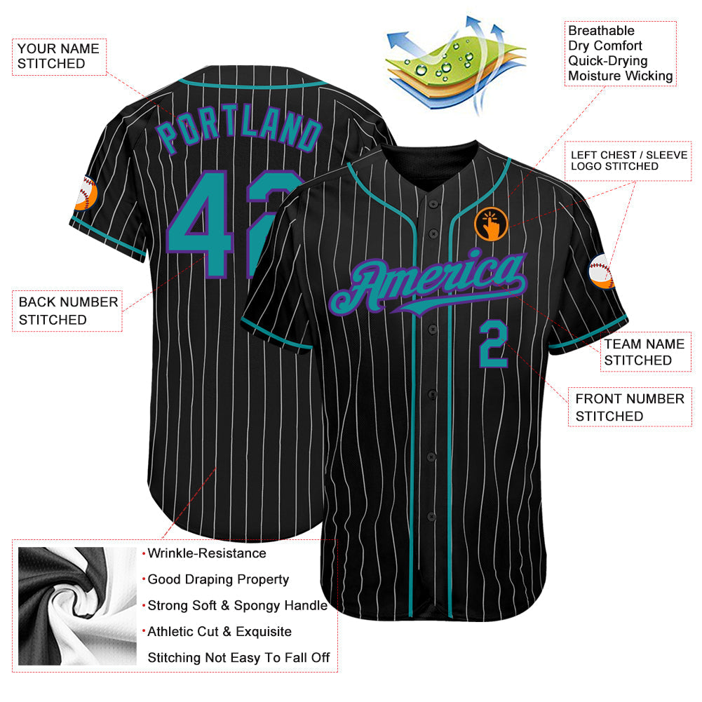 Custom Black White Pinstripe Teal-Purple Authentic Baseball Jersey view 3