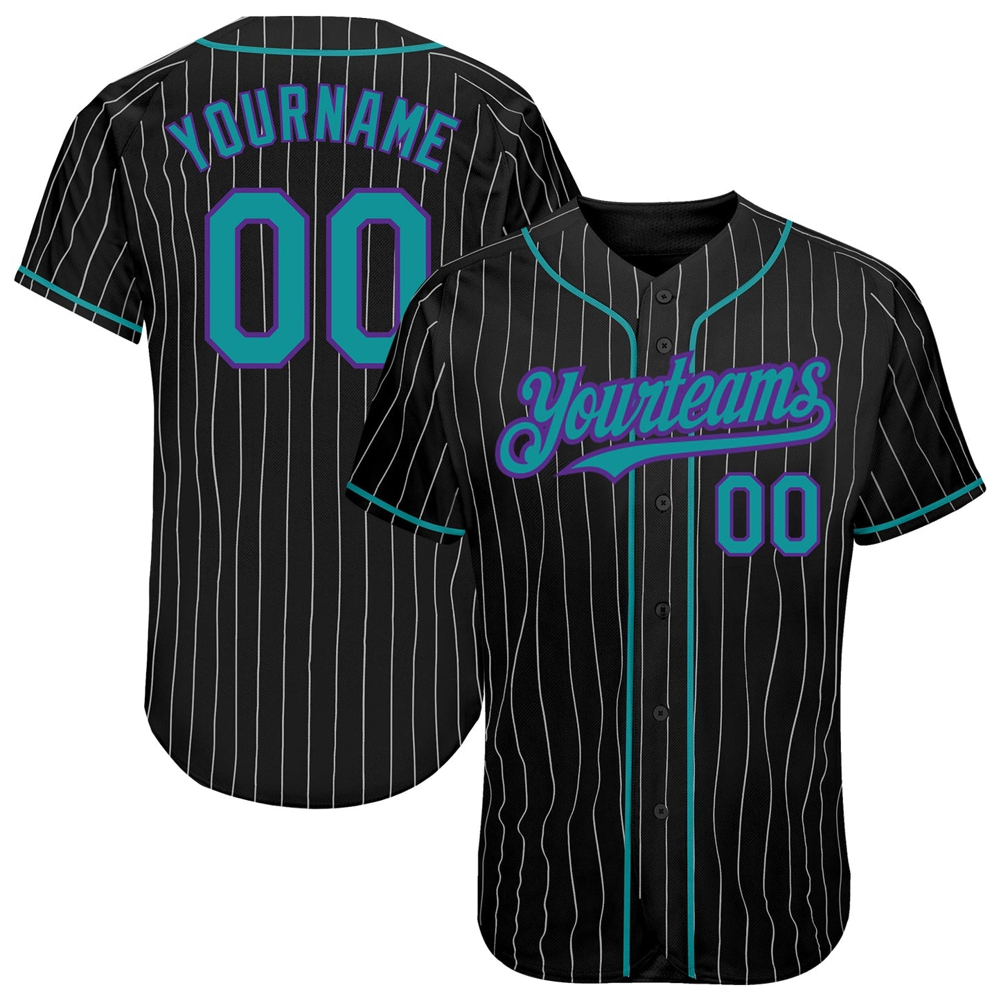 Custom Black White Pinstripe Teal-Purple Authentic Baseball Jersey - Main View