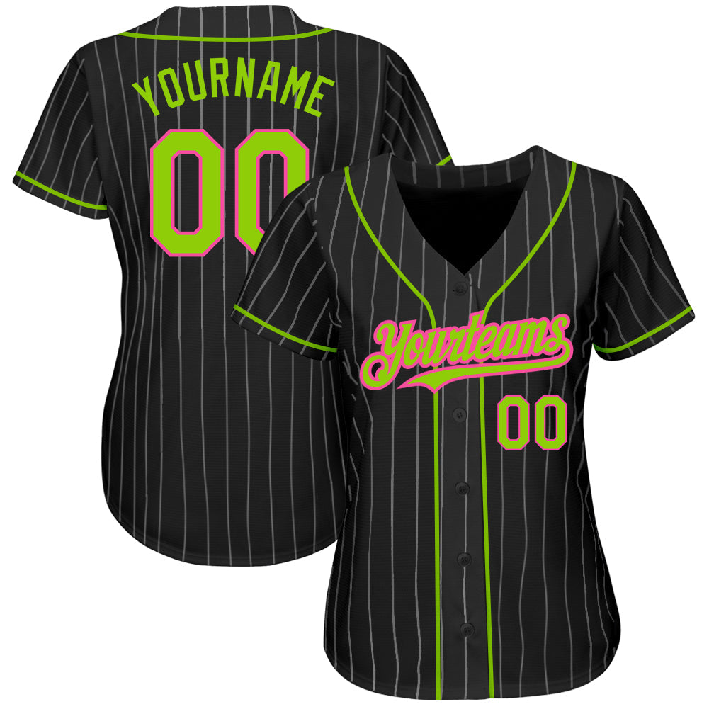 Custom Black White Pinstripe Neon Green-Pink Authentic Baseball Jersey view 2