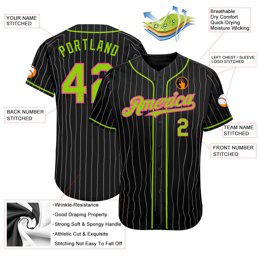 Custom Black White Pinstripe Neon Green-Pink Authentic Baseball Jersey view 3