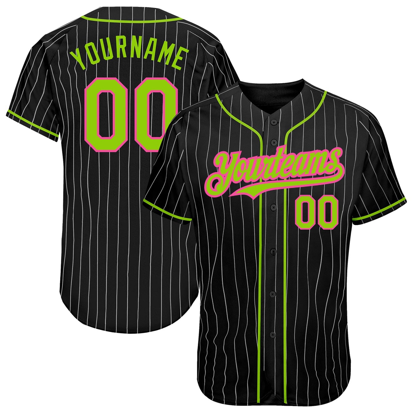 Custom Black White Pinstripe Neon Green-Pink Authentic Baseball Jersey - Main View