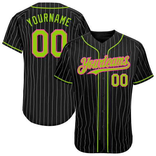 Custom Black White Pinstripe Neon Green-Pink Authentic Baseball Jersey - Main View