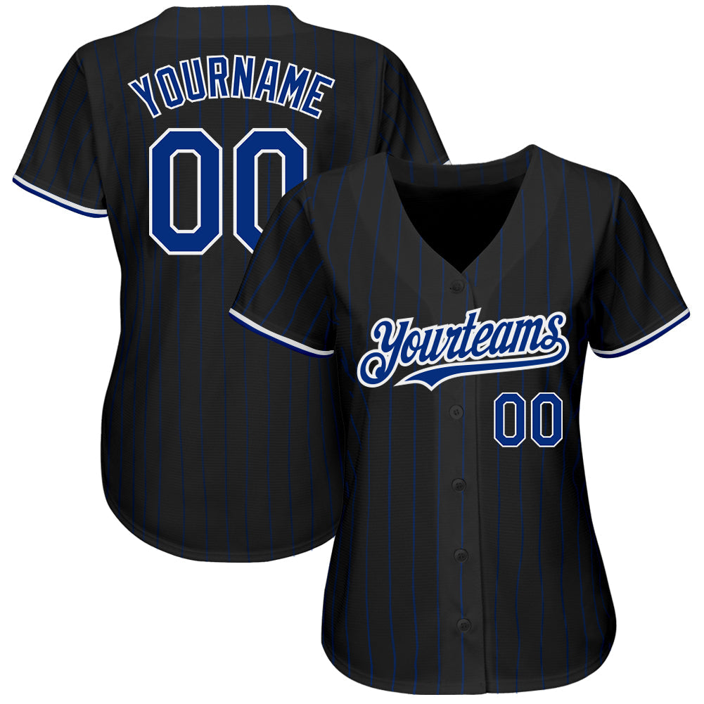 Custom Black Royal Pinstripe White Authentic Baseball Jersey view 2