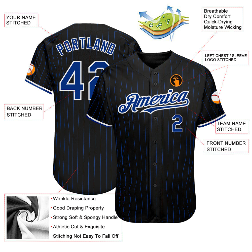 Custom Black Royal Pinstripe White Authentic Baseball Jersey view 3