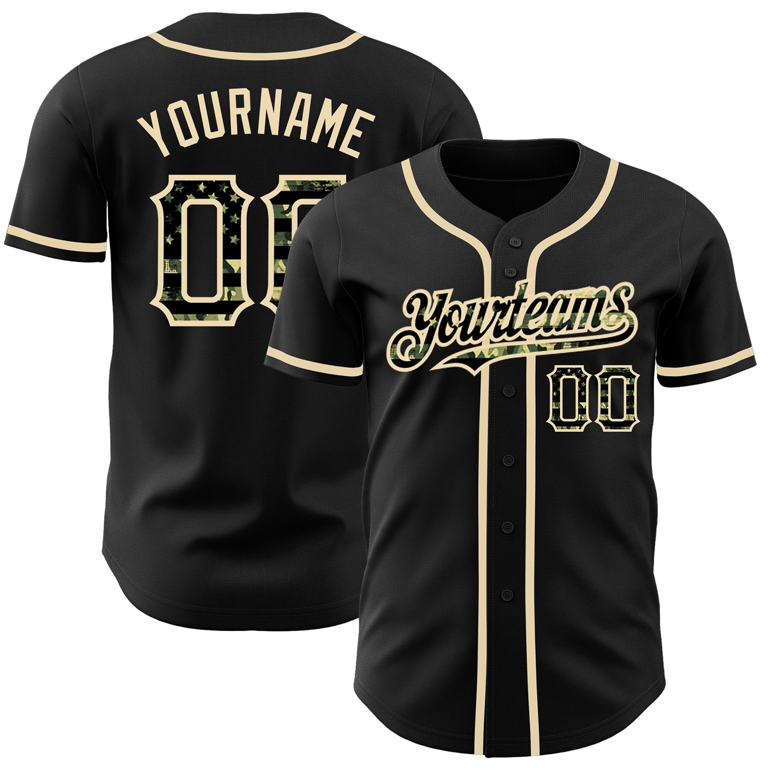 Custom Black Olive Camo USA Flag-City Cream Authentic Baseball Jersey - Main View