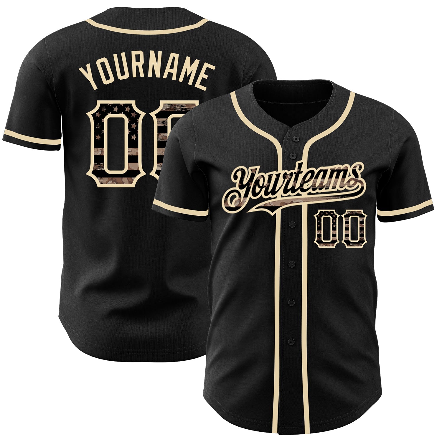 Custom Black Camo USA Flag-City Cream Authentic Baseball Jersey - Main View