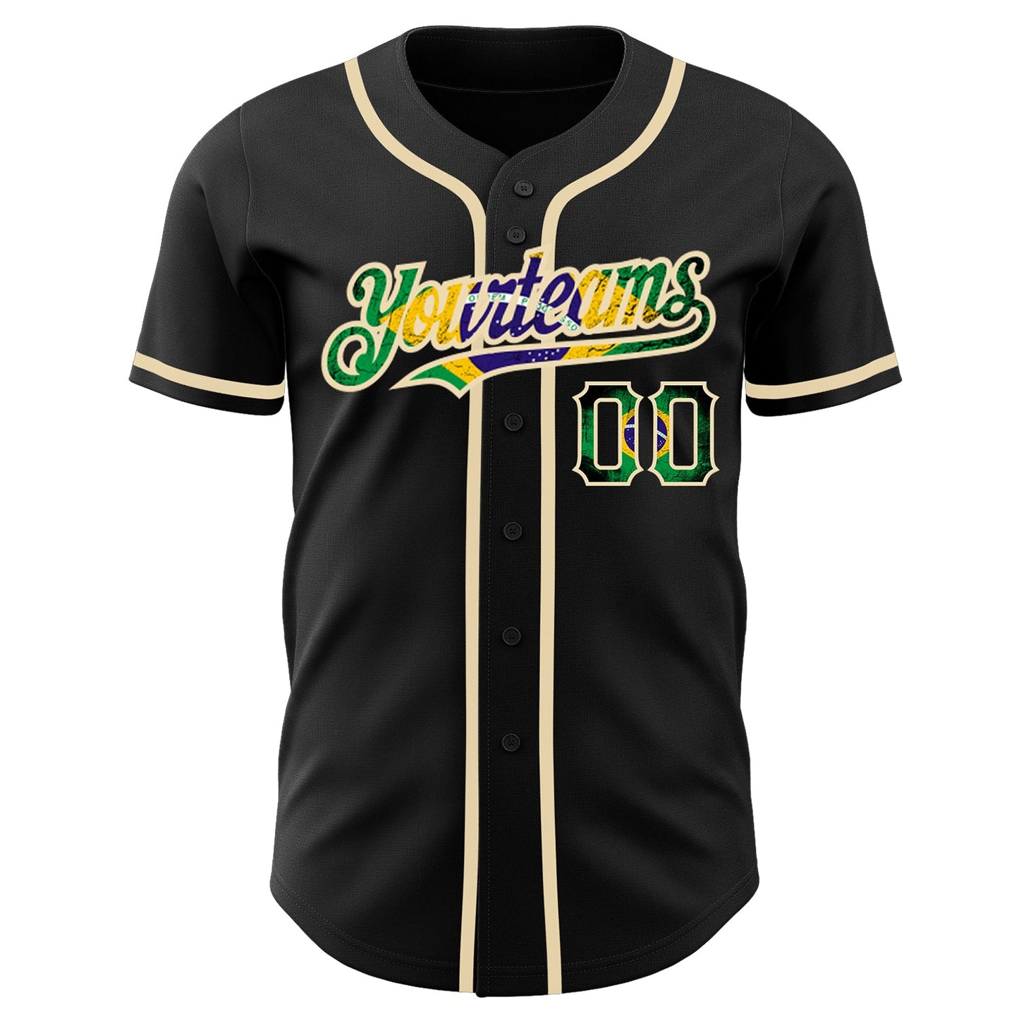 Custom Black Vintage Brazilian Flag-City Cream Authentic Baseball Jersey view 2