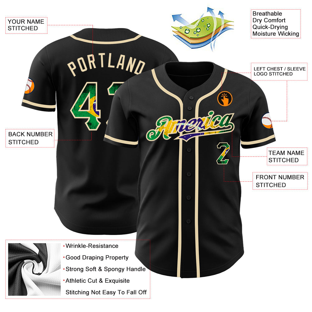 Custom Black Vintage Brazilian Flag-City Cream Authentic Baseball Jersey view 3
