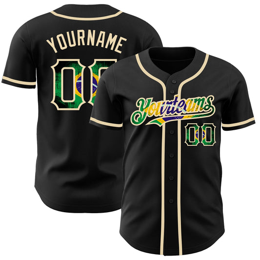 Custom Black Vintage Brazilian Flag-City Cream Authentic Baseball Jersey - Main View