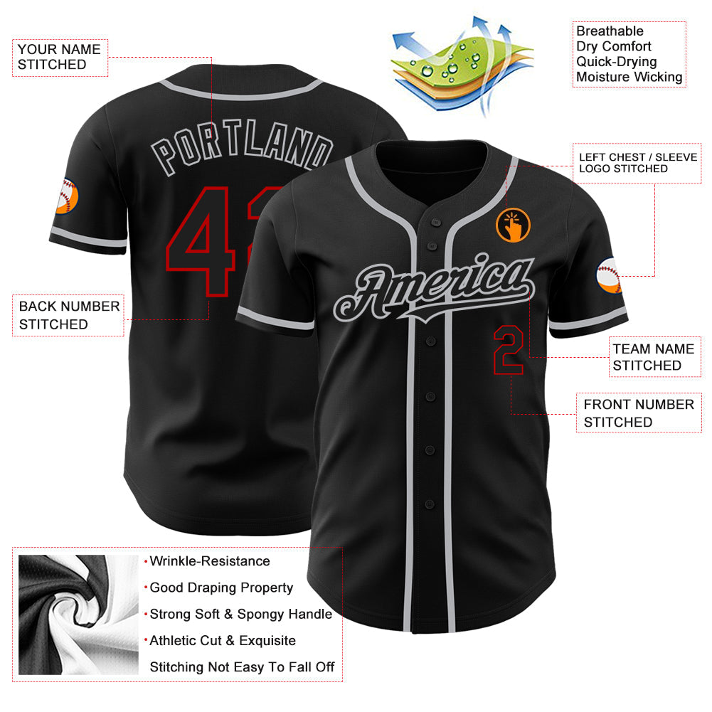 Custom Black Red-Gray Authentic Baseball Jersey view 3