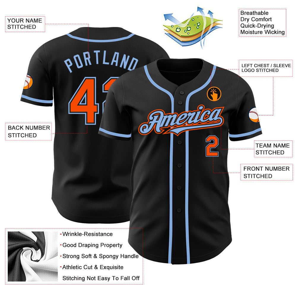 Custom Black Orange-Light Blue Authentic Baseball Jersey view 3
