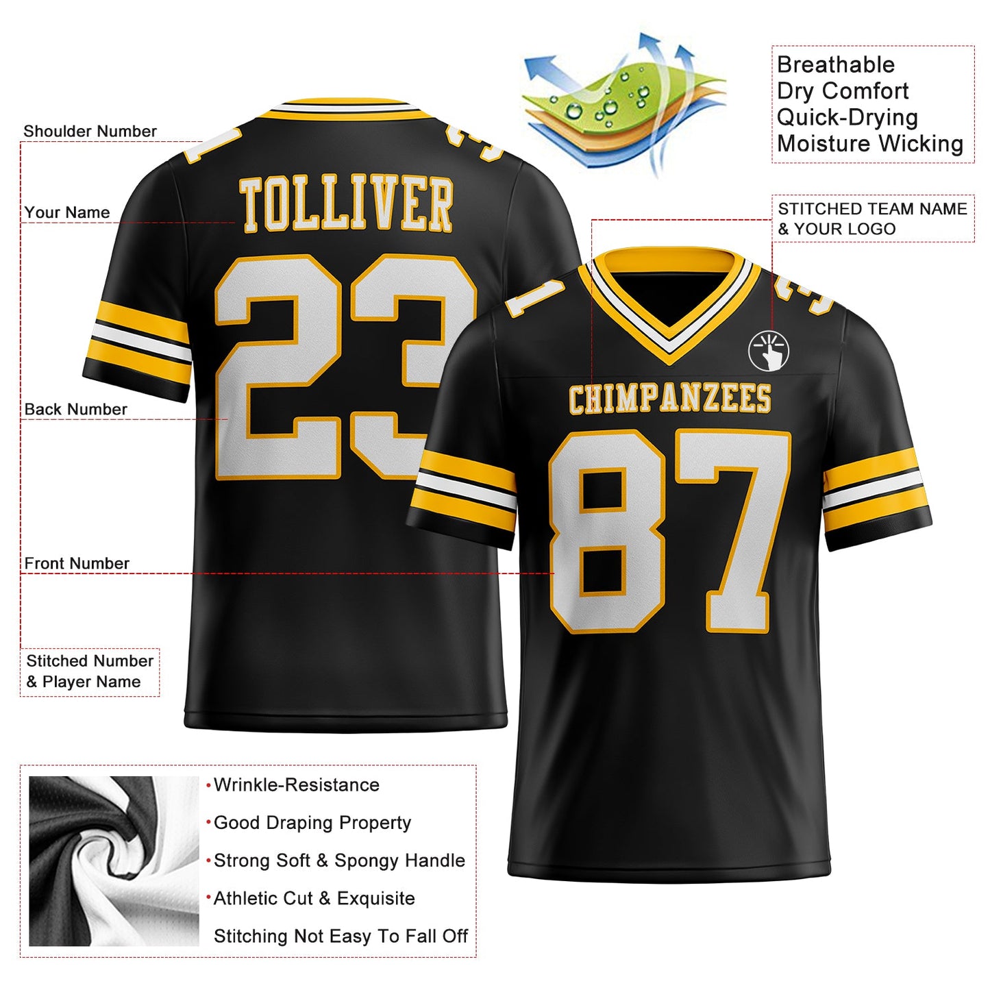 Custom Black White-Gold Authentic Football Jersey view 3