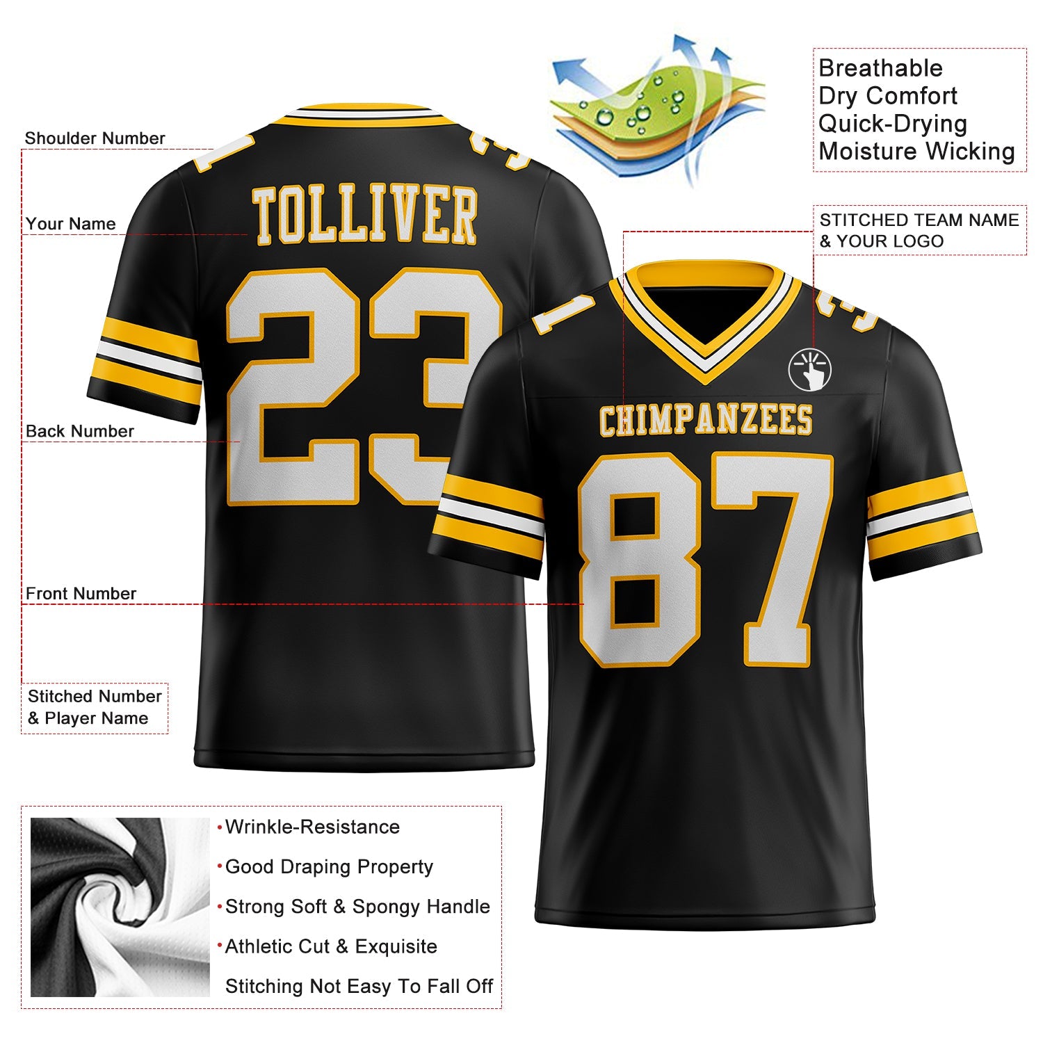 Custom Black White-Gold Authentic Football Jersey view 3