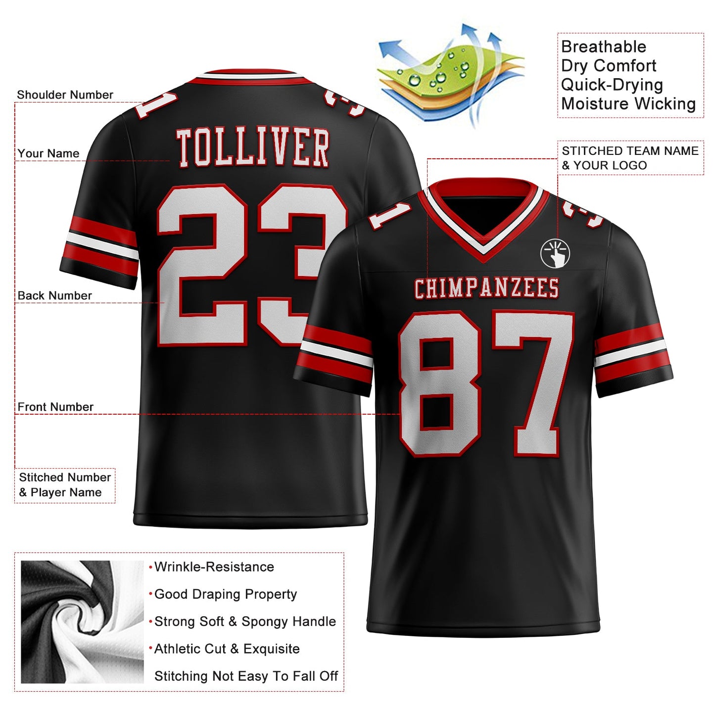 Custom Black White-Red Authentic Football Jersey view 2