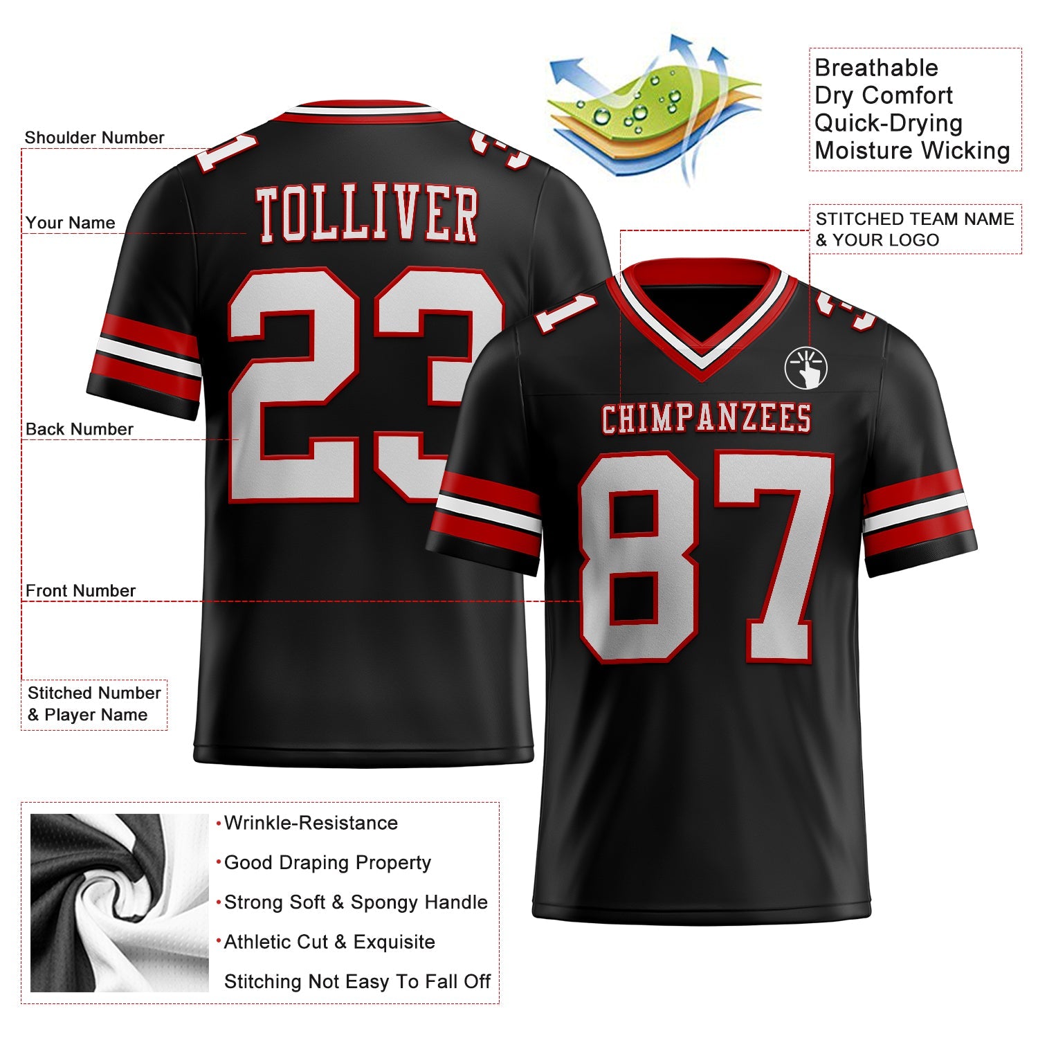 Custom Black White-Red Authentic Football Jersey view 2
