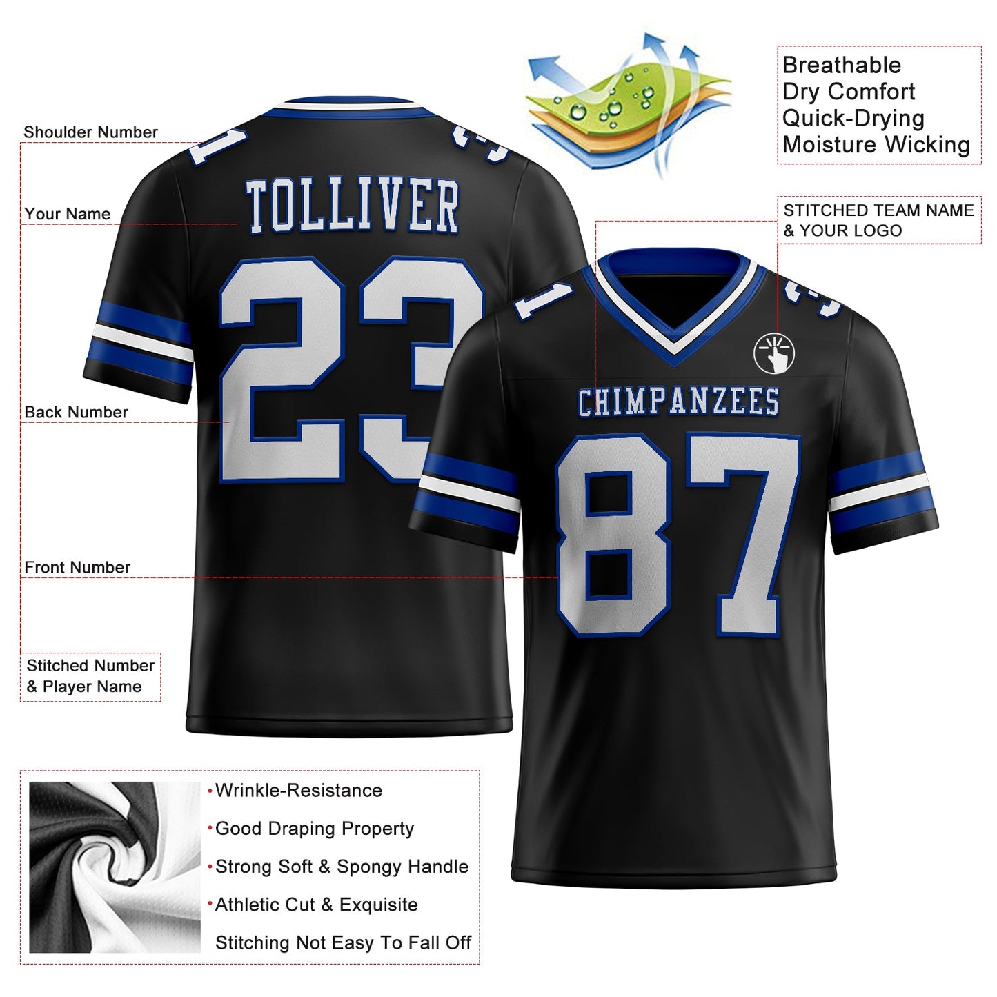 Custom Black White-Royal Authentic Football Jersey view 2